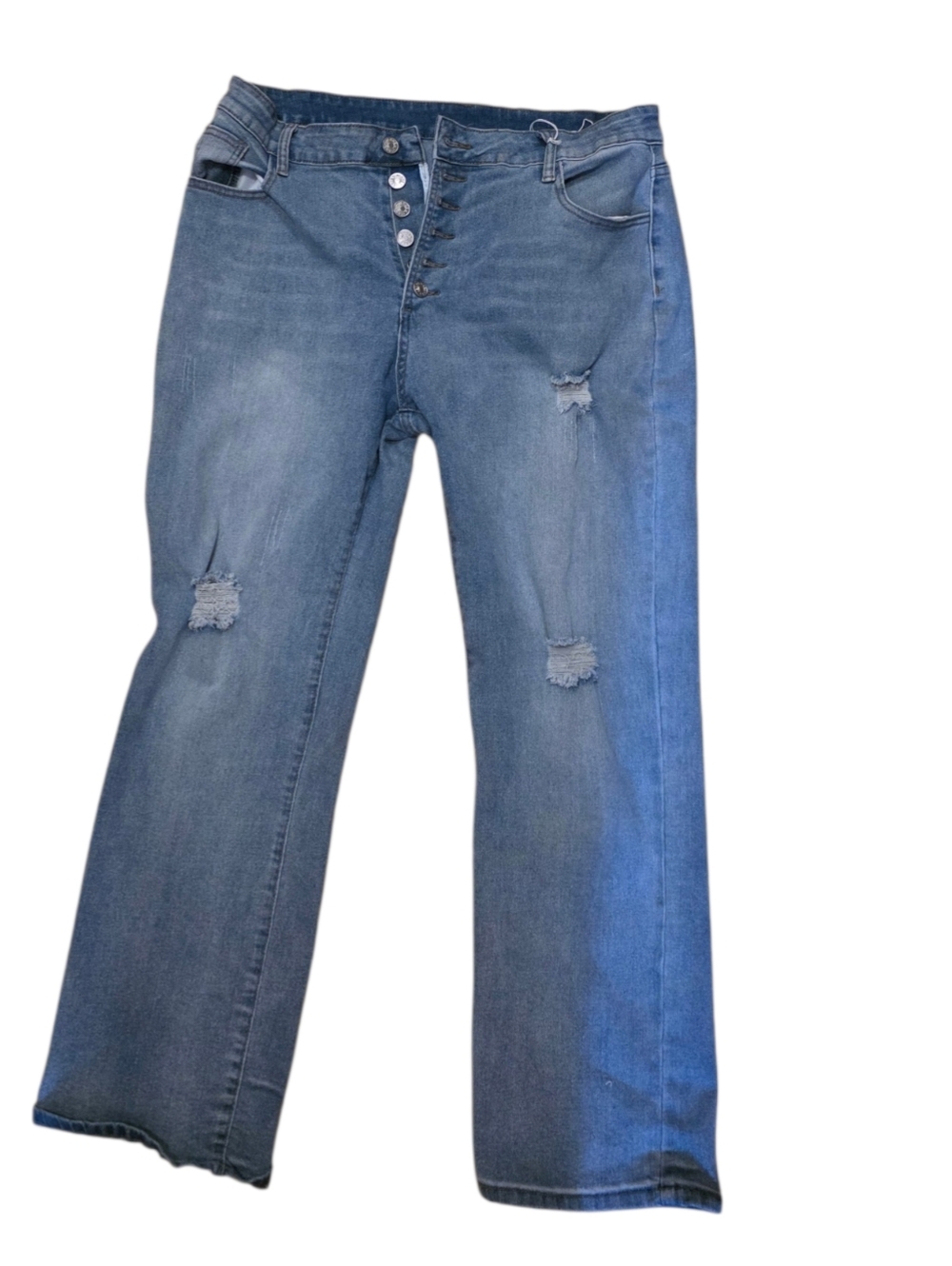 High-Rise Button-Fly Wide-Leg Distressed Women’s Jeans — Blue